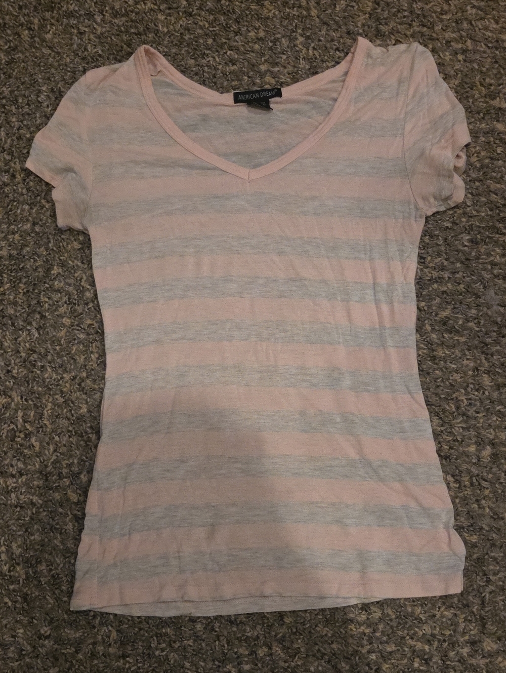 American Dream Pink & Light Gray Striped V-Neck Short Sleeve Tee